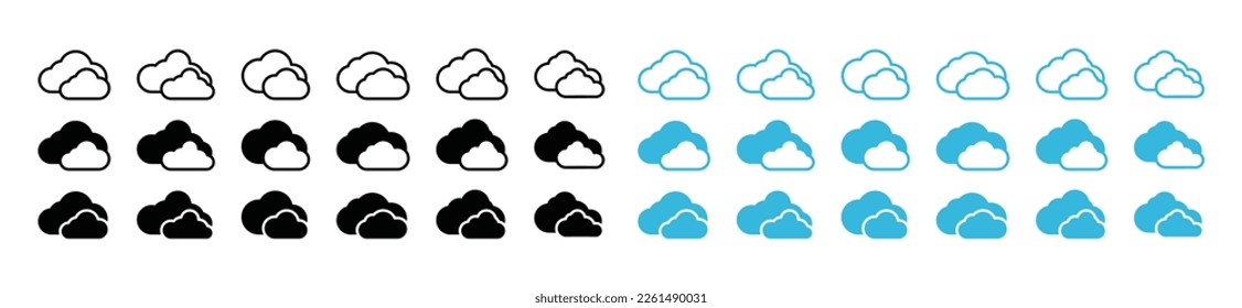 Conjunto de iconos de nube. Nube de cúmulo en línea y estilo plano. Colección de símbolos de formas en la nube para aplicaciones y sitios web, ilustración vectorial