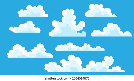 Cloud icons set in flat, cartoon  style on blue colors. Symbol for  website, logo, app, ui, poster, flyers, postcards, web banner. Holiday mood, airy atmosphere. Isolated object. Vector illustration.