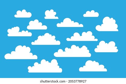 Cloud-Symbole in flachem Stil einzeln auf blauem Hintergrund. Cloud Symbol für Ihre Website, Logo, App, ui, Poster, Flyer, Postkarten, Webbanner. Feiertagsstimmung, luftige Atmosphäre.  Vektorgrafik.