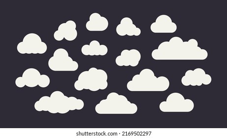 Cloud icons set in flat style isolated on blue background. Cloud symbol for your website, logo, app, ui,poster, flyers, postcards, web banners. Holiday mood, airy atmosphere.  Vector illustration.