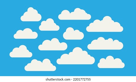 Iconos de nube establecidos en estilo plano aislados en fondo azul. Símbolo de nube para tu sitio web, logotipo, aplicación, ui, afiche, volantes, postales, banners web. Ambiente de vacaciones, ambiente aireado.  Ilustración vectorial.