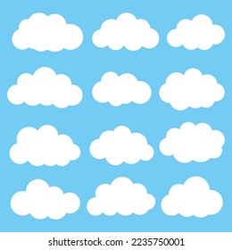 Cloud icons set in flat style isolated on blue background. Cloud symbol for your website, logo, app, ui, poster, flyers, postcards, web banners