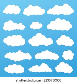 Cloud icons set in flat style isolated on blue background. Cloud symbol for your website, logo, app, ui, poster, flyers, postcards, web banners