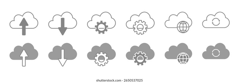 Cloud Icons Set - Gray Flat and Line Vector for UI and Tech Design. Line Icons, Flat Icons.