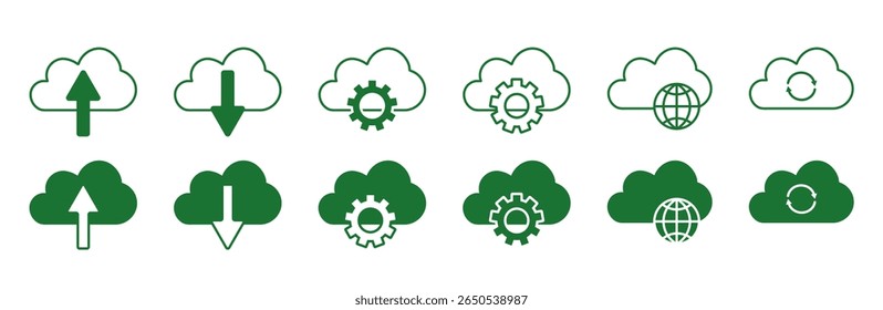 Cloud Icons Set - Green Flat and Line Vector for UI and Tech Design. Line Icons, Flat Icons.