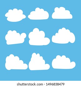 Cloud icons set - isolated on color blue background. Collection for web, app, art, print and promotion materials. Nature different white cloudscape weather symbols, graphic design -vectpr illustration