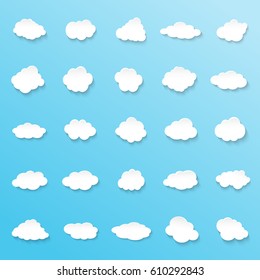 Cloud icons set - isolated on color blue backdrop.Collection for web site,app,art,print and promotion materials.Nature different white cloudscape weather symbols