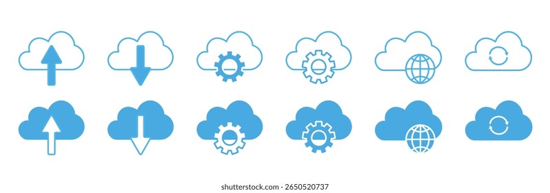 Cloud Icons Set - Light Blue Flat and Line Vector for UI and Tech Design. Line Icons, Flat Icons.