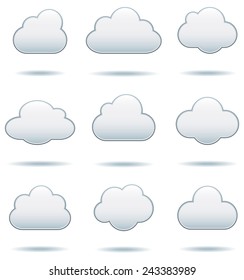 Cloud Icons - Set of nine cloud icons with drop shadows.  Colors are global swatches, so they can be modified easily.