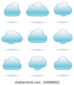 Cloud Icons - Set of nine cloud icons with drop shadows. Colors are global swatches, so they can be modified easily.  