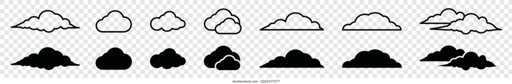 Cloud icons set on transparent background. Cumulus cloud in line and flat style. Cloud shapes symbol collection for apps and websites, vector illustration
