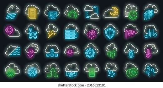 Cloud icons set. Outline set of cloud vector icons neon color on black