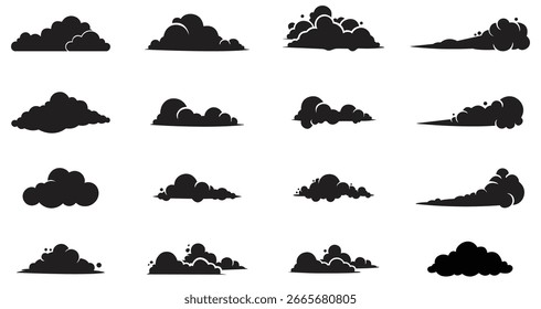 Cloud icons set with silhouette shapes used for weather graphics, sky elements, forecasts, climate visuals, environment layouts, and nature designs.