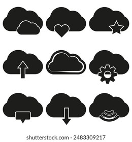 Cloud icons set. Various cloud symbols. Black and white design. Vector illustration.