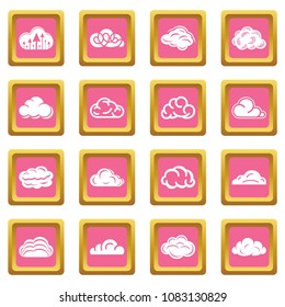 Cloud icons set vector pink square isolated on white background 