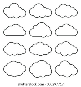 Cloud icons set. Vector thin line contours of a clouds. Black on white. Vector illustration.