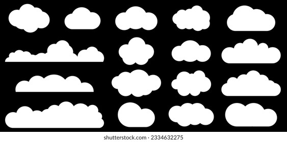 Cloud icons set. White clouds element. Weather symbol. Vector illustration isolated on black background
