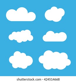 Cloud icons set. White outline isolated on blue sky background. Collection template elements design. Symbol of space, weather, clear and nature. Abstract signs. Flat graphic style. Vector Illustration