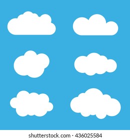 Cloud icons set. White outline isolated on blue sky background. Collection template elements design. Symbol of space, weather, clear and nature. Abstract signs. Flat graphic style. Vector Illustration