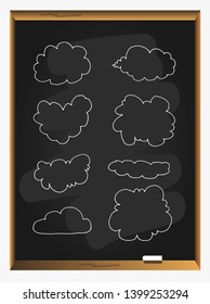 cloud icons shapes set for computing web and app on blackboard background. Storage solution element, databases, networking, software image, cloud and meteorology concept.Hand drawn Vector illustration