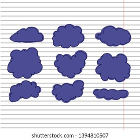 cloud icons shapes set for web computing and app on copybook background. Storage solution element, databases, networking, software image, cloud and meteorology concept.Hand drawn Vector illustration
