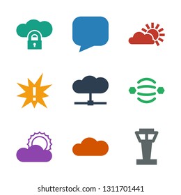 cloud icons. Trendy 9 cloud icons. Contain icons such as airport tower, sun, atom interaction, exclamation, dollar in cloud, protection. icon for web and mobile.