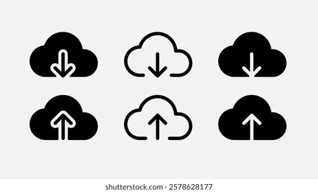 Cloud icons for upload and download. Simple cloud symbols. Black and white cloud icons. Download and upload cloud symbols. User interface icons, UI icon vector set.
