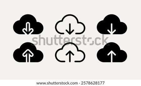 Cloud icons for upload and download. Simple cloud symbols. Black and white cloud icons. Download and upload cloud symbols. User interface icons, UI icon vector set.