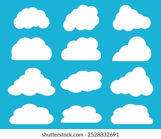Cloud icons, vector, silhouette. Set of different clouds. White cloud collection. Cartoon clouds in a flat design. Graphic element vector isolated on sky background. Vector illustration. EPS 10