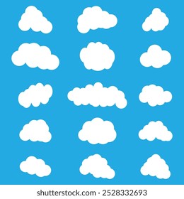 Iconos de la nube, Vector, silueta. Conjunto de diferentes nubes. Colección de nube blanca. Nubes de dibujos animados en un diseño plano. Vector de elemento gráfico aislado en el fondo del cielo. Ilustración vectorial. EPS 10
