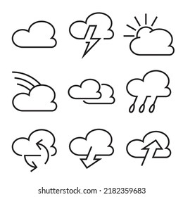 Cloud Icons. Weather And Cloud Data Storage Signs Set. Collection Of Black Linear Symbols Isolated On A White Background. Vector Illustration. Editable Stroke 