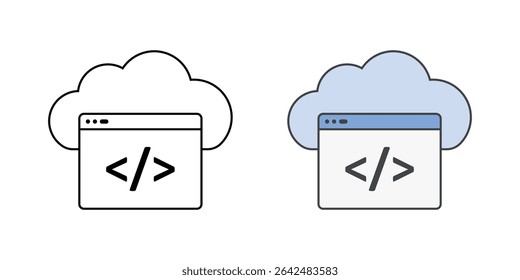 Cloud IDE icon with a cloud and code editor window, in outline and color styles, ideal for illustrating online development environments and remote coding platforms.