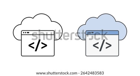 Cloud IDE icon with a cloud and code editor window, in outline and color styles, ideal for illustrating online development environments and remote coding platforms.