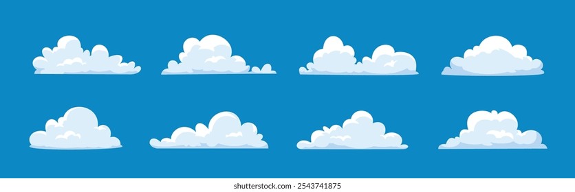 coleção de ilustração nuvem, nuvem de desenho animado definido em design plano com céu azul