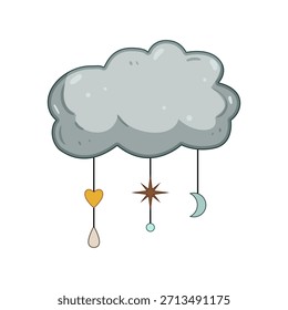 Cloud illustration presenting a bohemian style, featuring hanging elements like a heart, a star, and a crescent moon, creating a whimsical and dreamy design