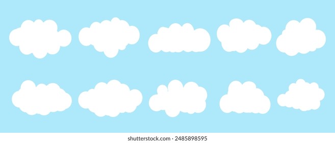 Cloud illustration. Set of abstract white clouds sky isolated on blue background. Collection of cartoon clouds in flat design.cloud vector