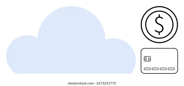 Imagen en la nube con tarjeta de crédito y signo de dólar. Ideal para finanzas, banca, computación en la nube, pagos en línea, tecnología, transacciones digitales, fintech. Metáfora de línea