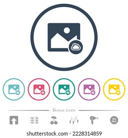 Cloud image flat color icons in round outlines. 6 bonus icons included.