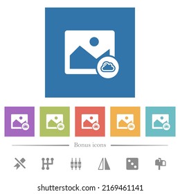 Cloud image flat white icons in square backgrounds. 6 bonus icons included.