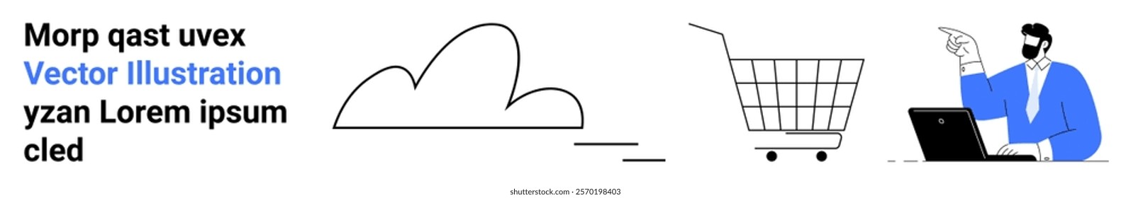 Cloud image, shopping cart icon, and person with laptop pointing. Ideal for technology, e-commerce, cloud computing, online business, digital marketing. Banner for landing page