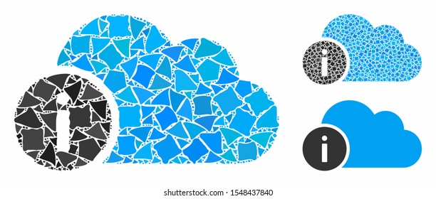 Cloud info mosaic of raggy items in variable sizes and color tints, based on cloud info icon. Vector rough items are organized into mosaic. Cloud info icons collage with dotted pattern.