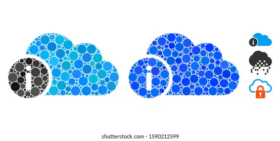 Cloud info mosaic of round dots in variable sizes and color tones, based on cloud info icon. Vector round dots are grouped into blue composition. Dotted cloud info icon in usual and blue versions.