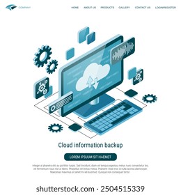 Cloud information backup, remote server, cloud database flat 3d isometric vector concept illustration