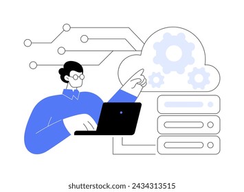 Cloud Infrastructure Engineer isolierte Cartoon-Vektorillustrationen. Professioneller Spezialist beschäftigt sich mit Cloud-Netzwerken, Rechenzentrumsmitarbeitern mit Laptop, Computerindustrie Vektor-Cartoon.