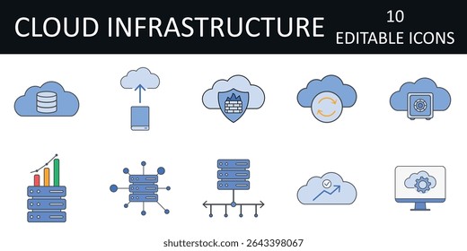 Cloud Infrastructure Icons including cloud storage vault, server cluster, sync, load balancer, auto-scaling, firewall, virtual machine, cloud database, uptime monitor, and cloud migration.