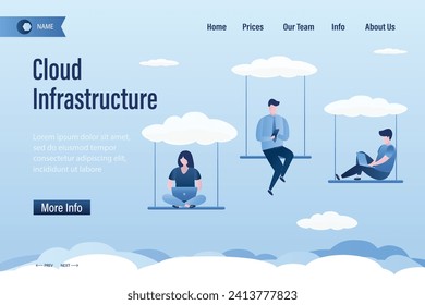 Infraestructura de nube, plantilla de página de inicio. Cloud computing, trabajo remoto en la empresa. Tecnología para conectar a la gente de negocios. Empleados que trabajan con artilugios inteligentes en swing. Trabajo en equipo en línea. Vector plano