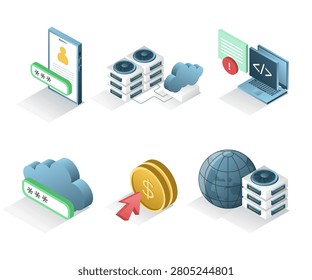 Cloud Infrastructure and Secure Authentication Icons Set with Server Hosting Login System Programming and Digital Payment
