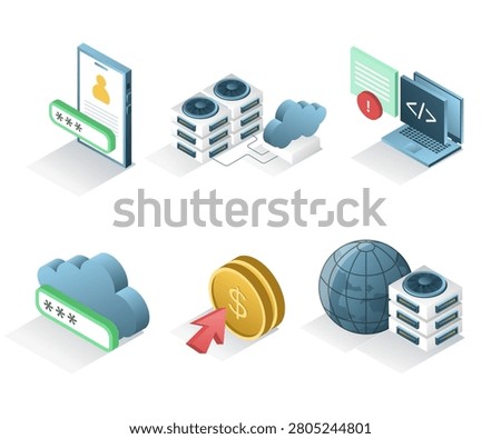 Cloud Infrastructure and Secure Authentication Icons Set with Server Hosting Login System Programming and Digital Payment