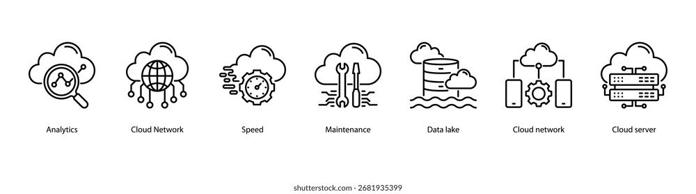 Cloud Infrastructure web banner icon vector illustration featuring Analytics, Cloud Network, Speed, Maintenance, Data Lake, Cloud Network, and Cloud Server.
