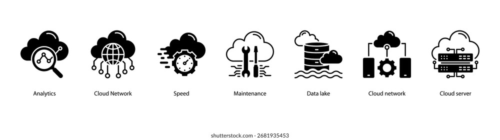 Webbanner-Vektorgrafik für Cloud Infrastructure mit Analytics, Cloud Network, Speed, Maintenance, Data Lake, Cloud Network und Cloud Server.